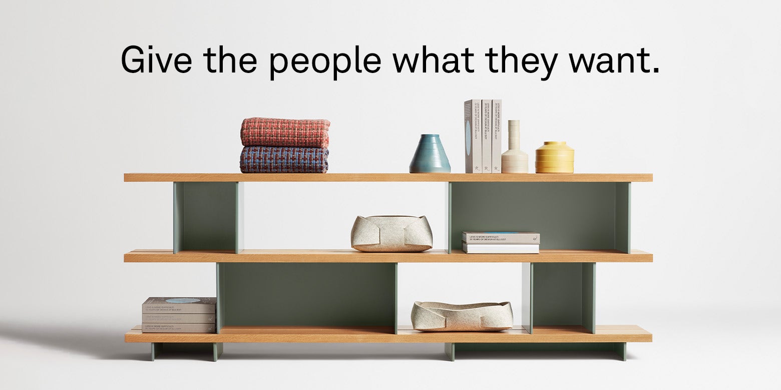 Give the people what they want. Image of Happy Day shelf in White oak and Grey Green with Double Tuck small and medium baskets, Blu Dot Book - Less is More (Difficult)