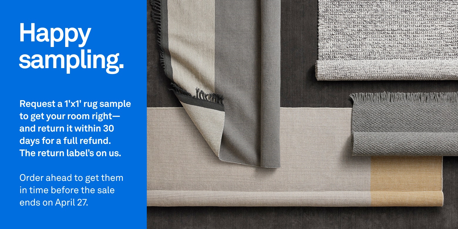 Happy sampling. Request a 1' x 1' rug sample to get your room right - and retrun it within 30 days for a full refund. The return label's on us. Image of multiple rugs overlapping.