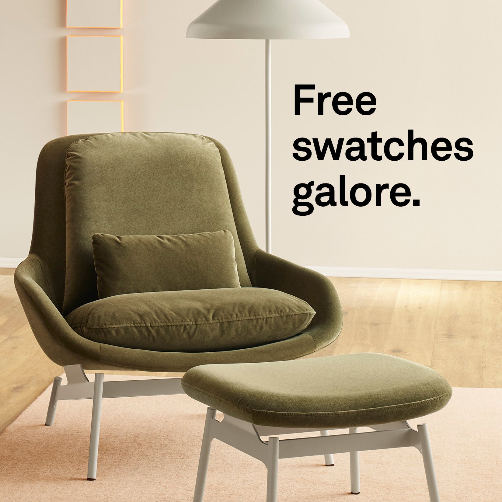 Free swatches galore. Velvet moss field lounge chair and ottoman