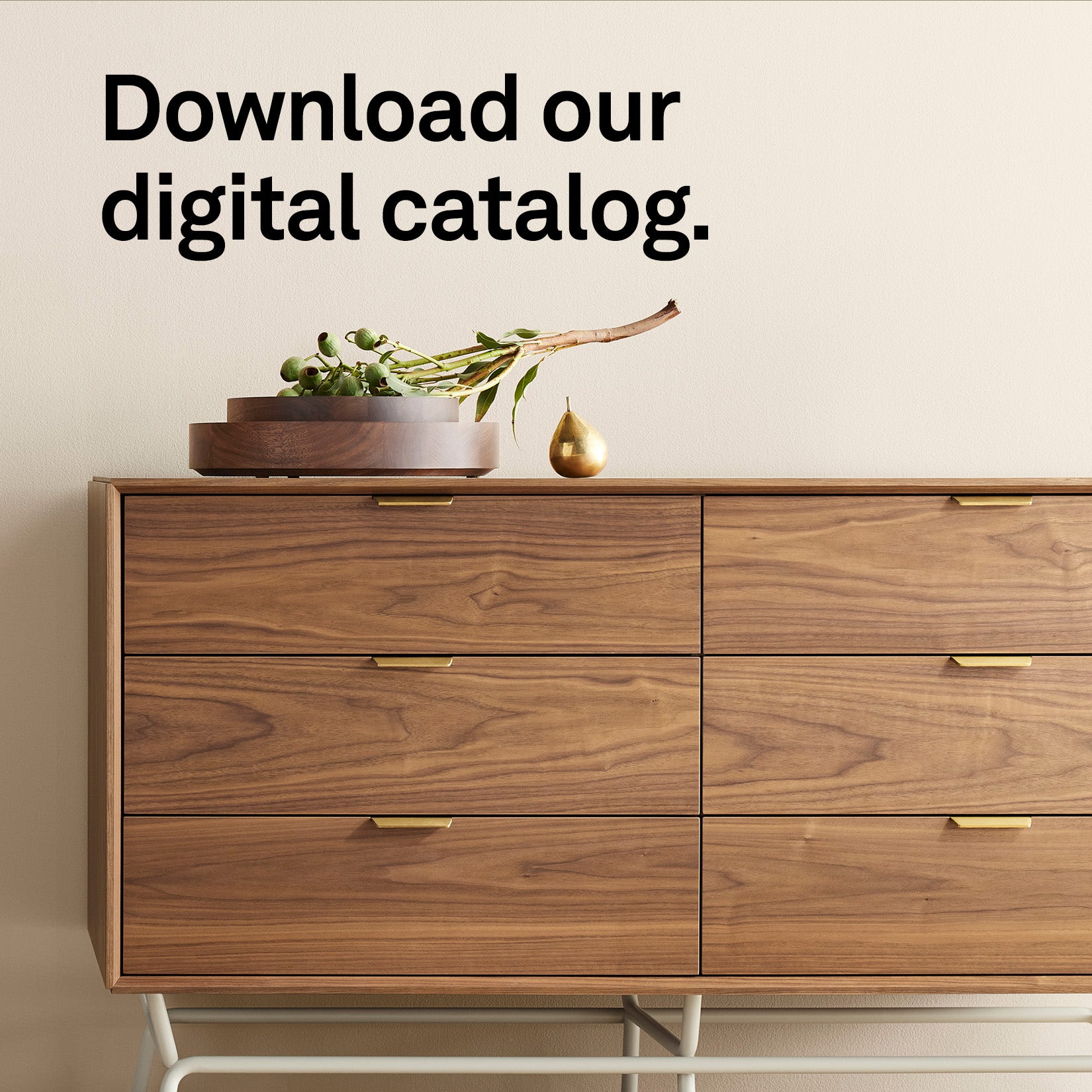 Download our digital catalog. Cusp bowls sitting on top of the Dang dresser in walnut finish.