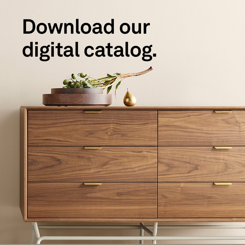 Download our digital catalog. Cusp bowls sitting on top of the Dang dresser in walnut finish.